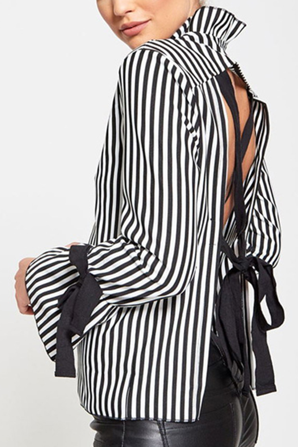  Sexy Mandarin Collar Lace-up Hollow-out Black Polyester Shirts