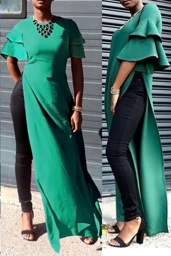  Sexy Round Neck Lotus Leaf Sleeves Kick Pleat Green Blending Blouses