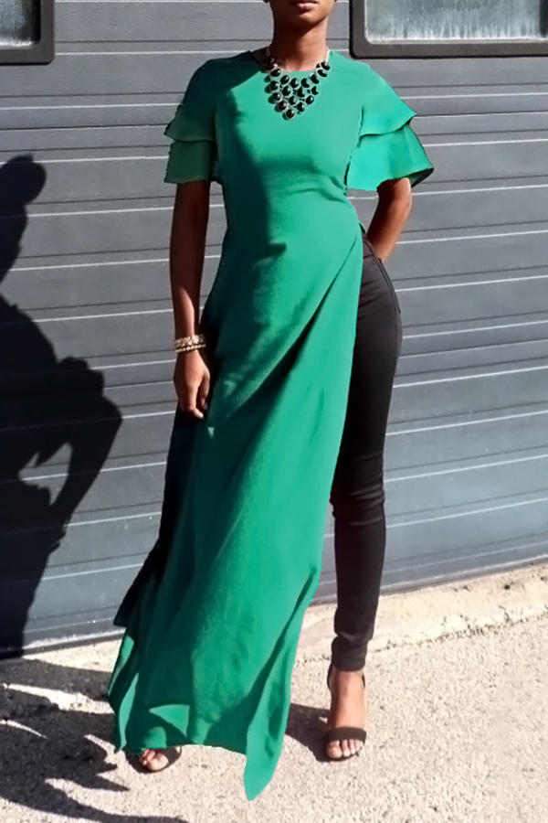  Sexy Round Neck Lotus Leaf Sleeves Kick Pleat Green Blending Blouses