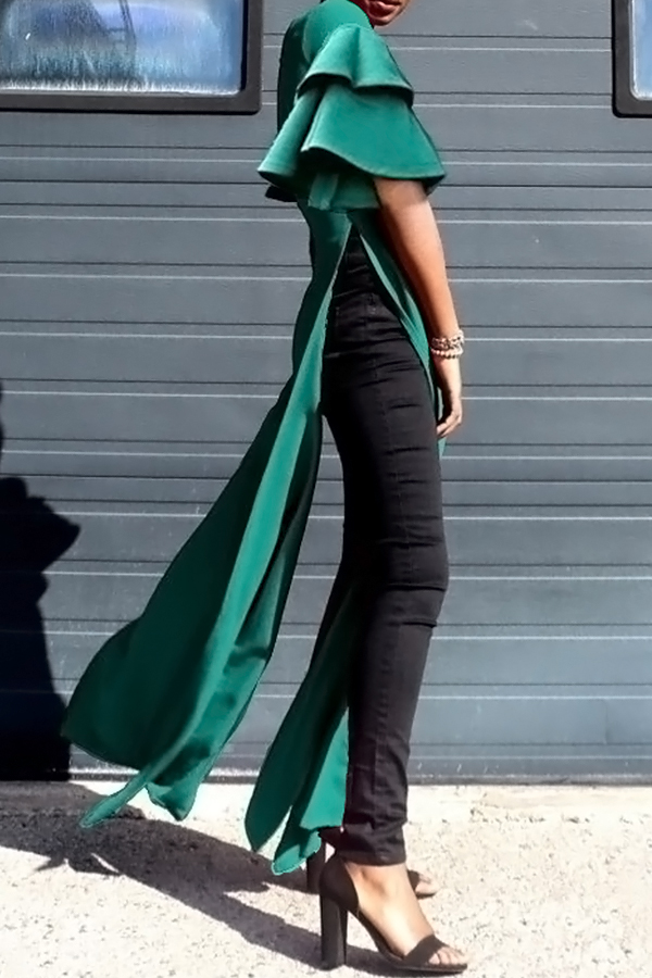  Sexy Round Neck Lotus Leaf Sleeves Kick Pleat Green Blending Blouses