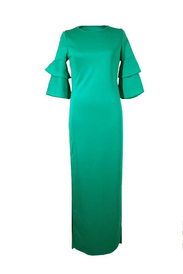  Sexy Round Neck Lotus Leaf Sleeves Kick Pleat Green Blending Blouses