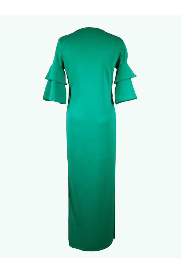  Sexy Round Neck Lotus Leaf Sleeves Kick Pleat Green Blending Blouses