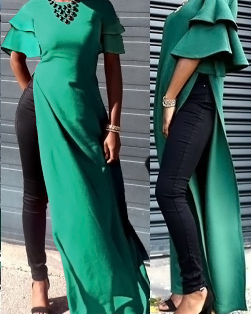Sexy Round Neck Lotus Leaf Sleeves Kick Pleat Green Blending Blouses Sexy Round Neck Lotus Leaf Sleeves Kick Pleat Green Blending Blouses