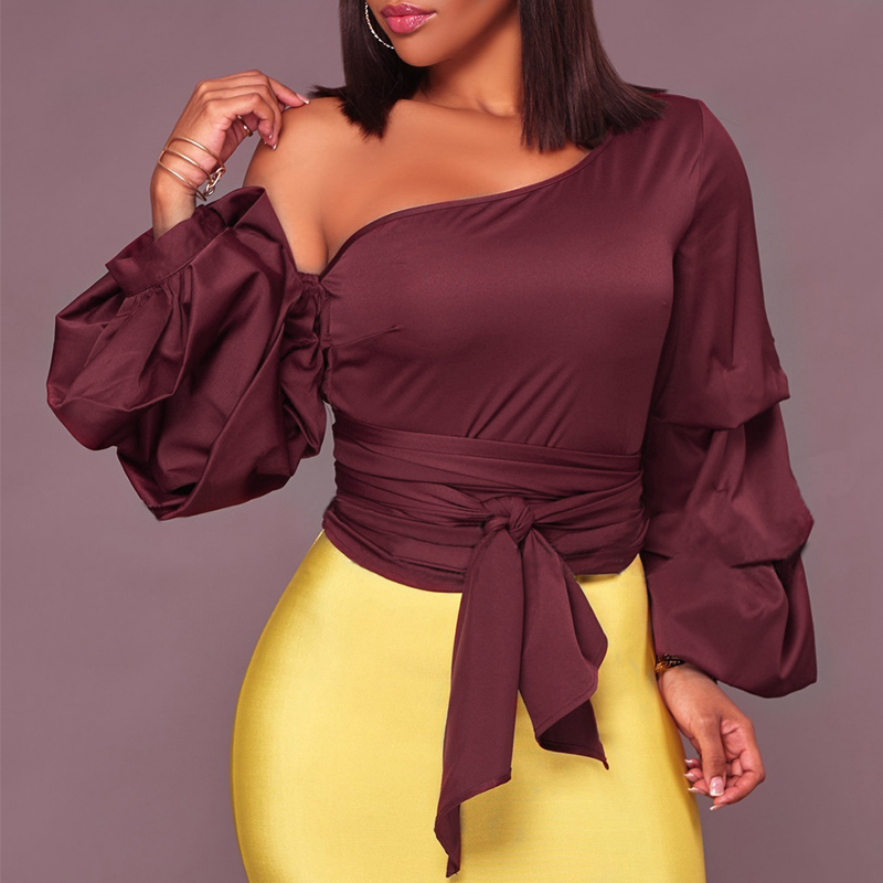  Sexy Skew Collar Heaps Sleeves Wine Red Silk Shirts