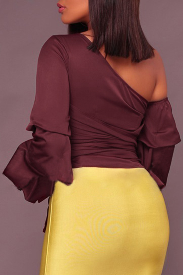  Sexy Skew Collar Heaps Sleeves Wine Red Silk Shirts