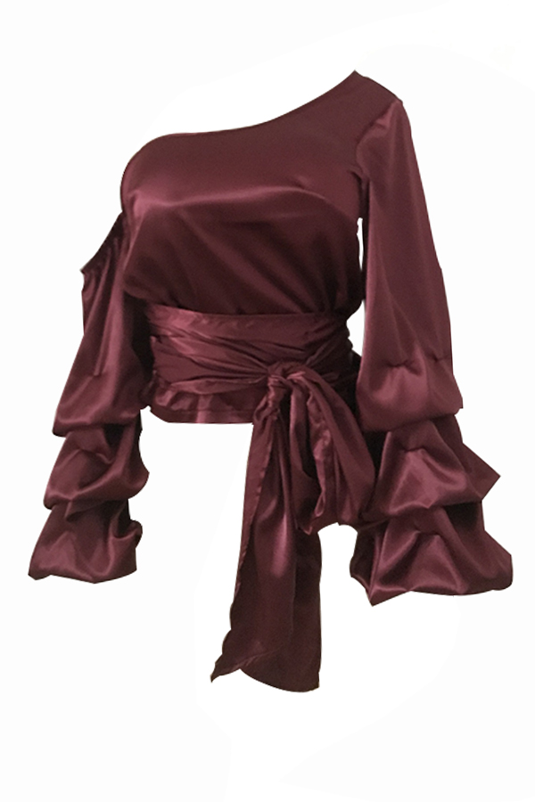  Sexy Skew Collar Heaps Sleeves Wine Red Silk Shirts