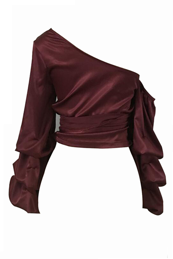  Sexy Skew Collar Heaps Sleeves Wine Red Silk Shirts
