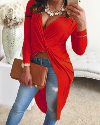  Sexy V Neck Asymmetrical Red Blending Shirts