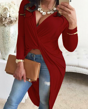  Sexy V Neck Asymmetrical Wine Red Blending Shirts