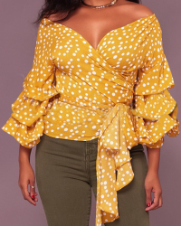  Sexy V Neck Polka Dot Design Yellow Cotton Shirts
