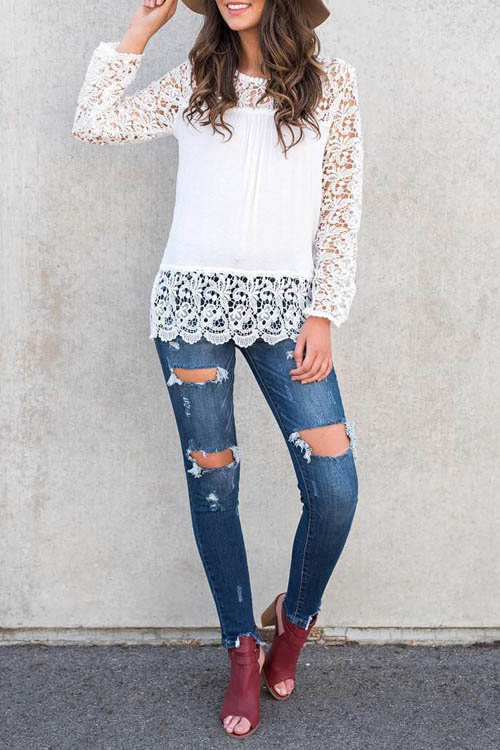  Stylish Round Neck Long Sleeves Lace Trim Patchwork White Polyester Shirts