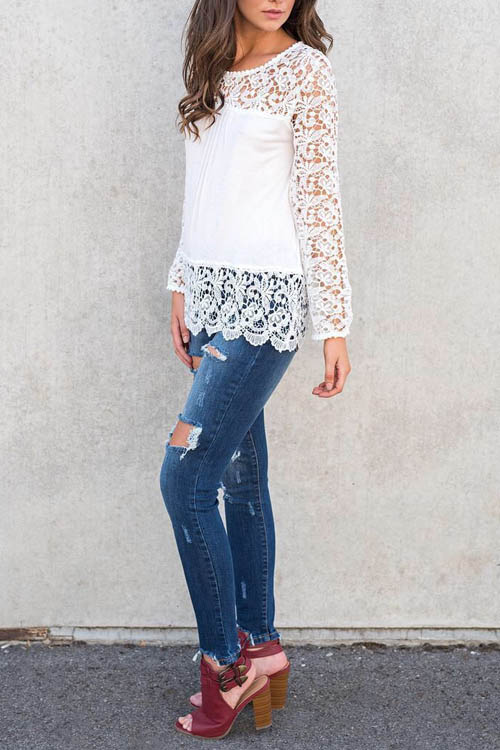  Stylish Round Neck Long Sleeves Lace Trim Patchwork White Polyester Shirts