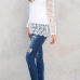 Stylish Round Neck Long Sleeves Lace Trim Patchwork White Polyester Shirts Stylish Round Neck Long Sleeves Lace Trim Patchwork White Polyester Shirts