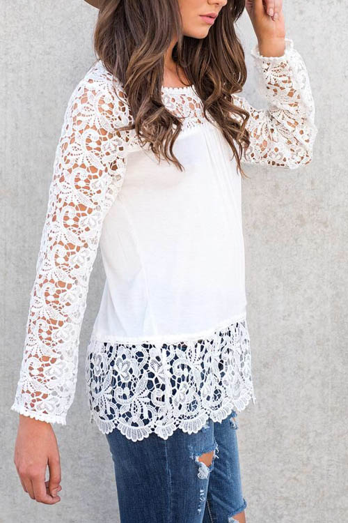  Stylish Round Neck Long Sleeves Lace Trim Patchwork White Polyester Shirts