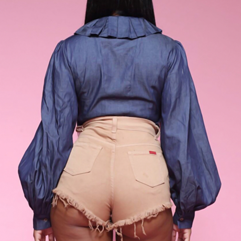 Stylish Turndown Collar Lantern Sleeves Ruffle Design Blue Denim Shirts