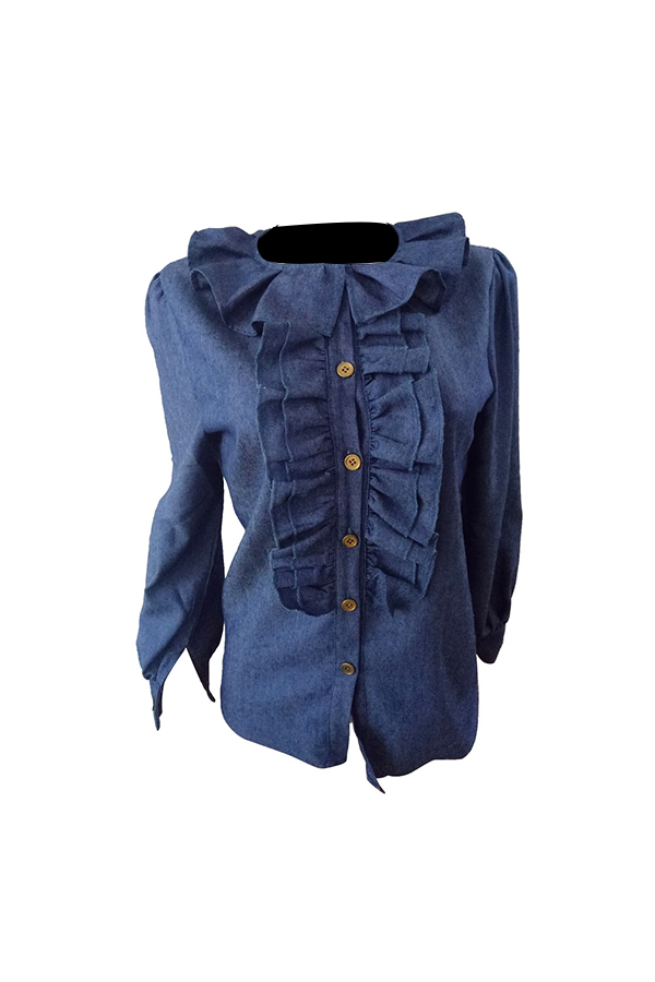  Stylish Turndown Collar Lantern Sleeves Ruffle Design Blue Denim Shirts
