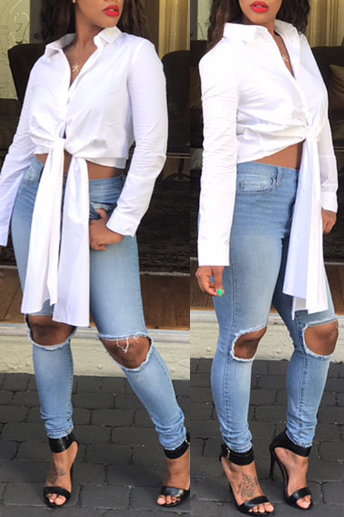  Stylish Turndown Collar Long Sleeves Asymmetrical White Polyester Shirts