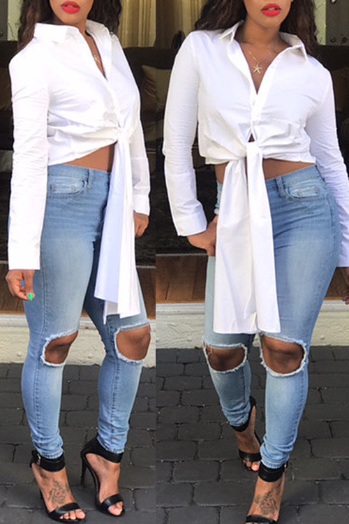  Stylish Turndown Collar Long Sleeves Asymmetrical White Polyester Shirts