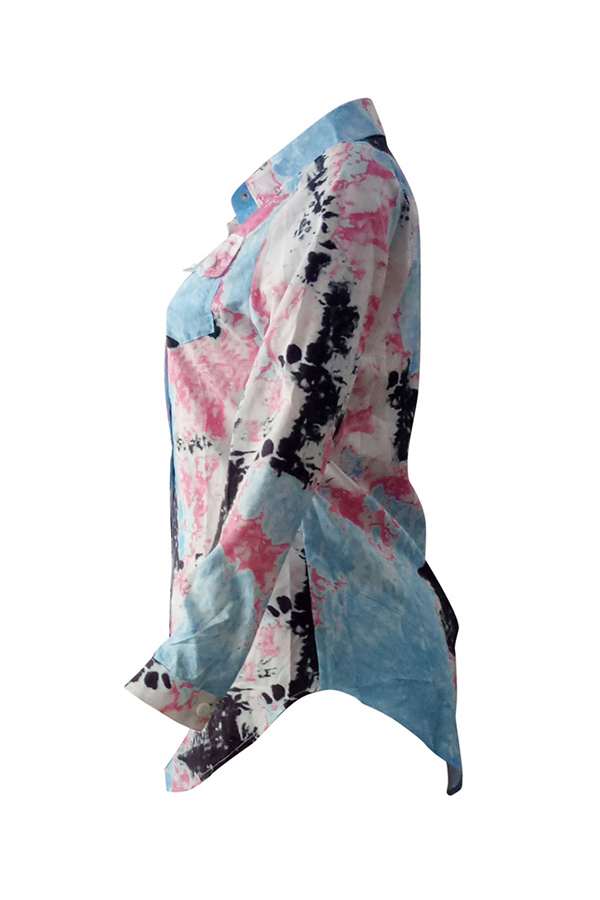  Stylish Turndown Collar Printed Blue Polyester Shirts