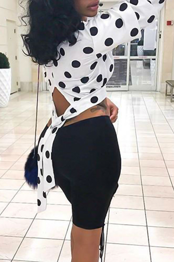  Trendy Round Neck Dots Printed Hollow-out White Polyester Shirts