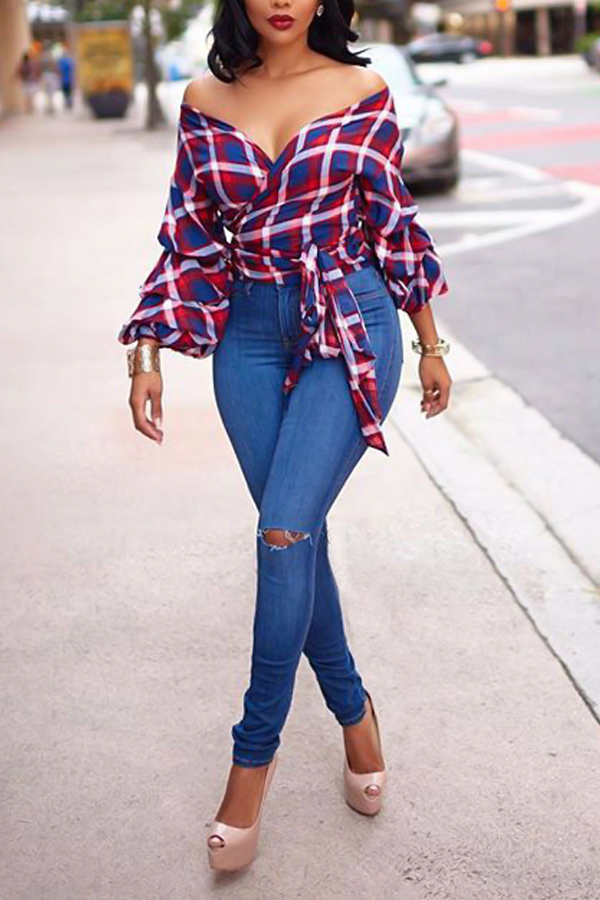  Trendy V Neck Dew Shoulder Plaids Red Polyester Shirts