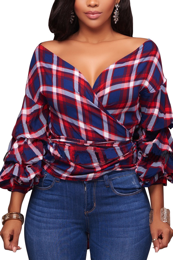  Trendy V Neck Dew Shoulder Plaids Red Polyester Shirts