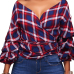  Trendy V Neck Dew Shoulder Plaids Red Polyester Shirts