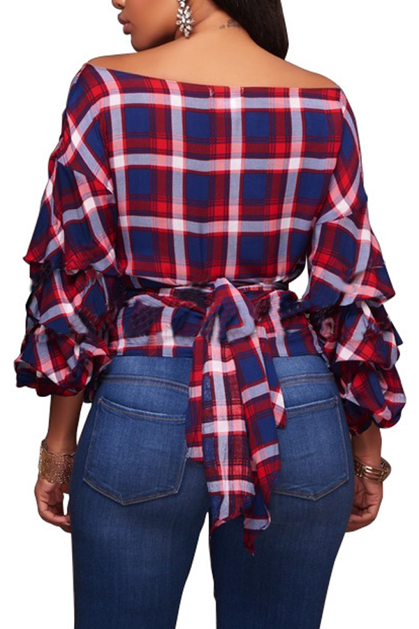  Trendy V Neck Dew Shoulder Plaids Red Polyester Shirts