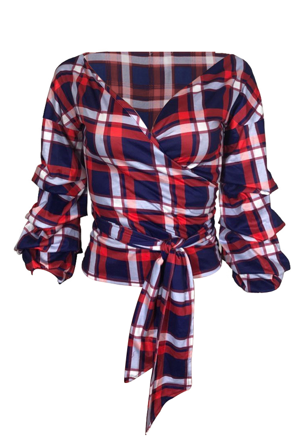  Trendy V Neck Dew Shoulder Plaids Red Polyester Shirts