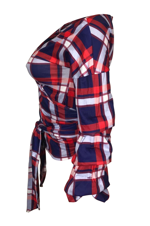  Trendy V Neck Dew Shoulder Plaids Red Polyester Shirts