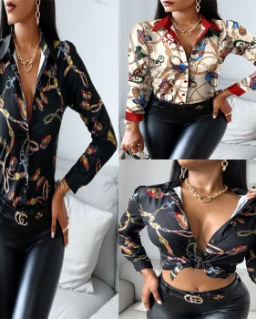 2021 new women's printed lapel single-breasted sexy shirt #95137