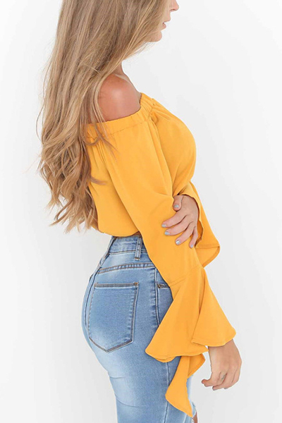 Charming Bateau Neck Long Sleeves Falbala Design Yellow Chiffon Shirts