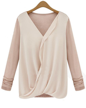 Cheap Sexy V Neck Long Sleeves Knitting Patchwork Pink Chiffon Shirt