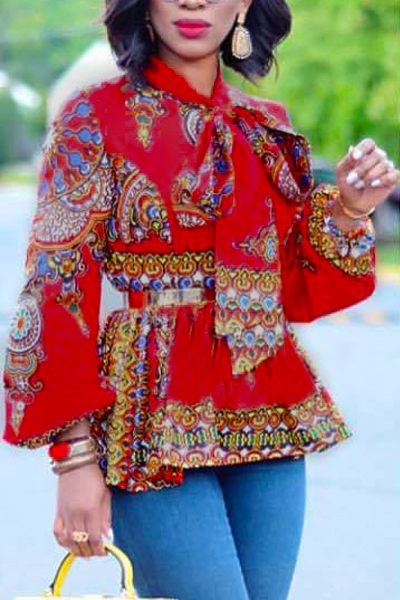 Ethnic Style Mandarin Collar Long Sleeves Totem Printed Red Milk Fiber Shirts