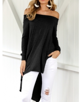 Leisure Dew Shoulder Asymmetrical Black Cotton Blends Shirts