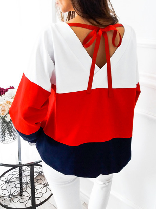 Leisure Round Neck Patchwork Red Cotton Blends Tops