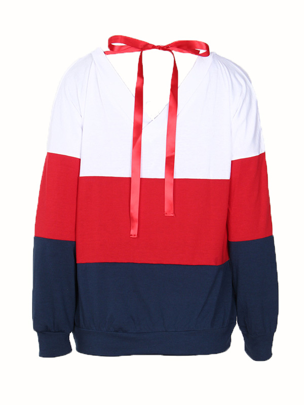 Leisure Round Neck Patchwork Red Cotton Blends Tops