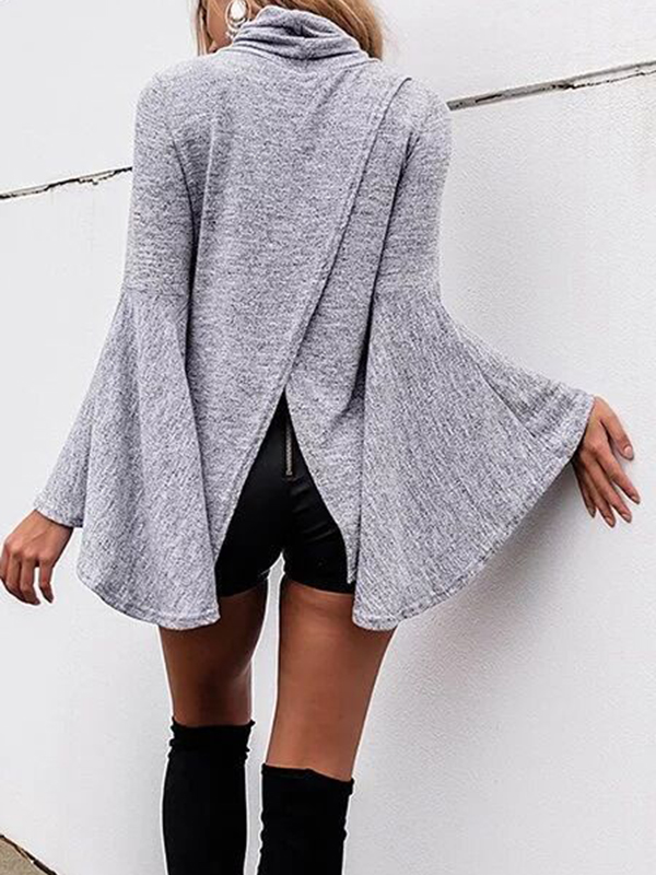 Leisure Turtleneck Long Sleeves Asymmetrical Grey Cotton Shirts