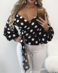 Polyester V Neck Long Sleeve Dot Blouses&Shirts