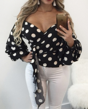 Polyester V Neck Long Sleeve Dot Blouses&Shirts