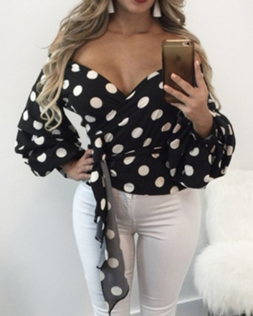 Polyester V Neck Long Sleeve Dot Blouses&Shirts Polyester V Neck Long Sleeve Dot Blouses&Shirts