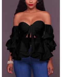 Sexy Dew Shoulder Falbala Design Black Cotton Shirts