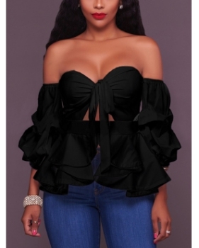 Sexy Dew Shoulder Falbala Design Black Cotton Shirts