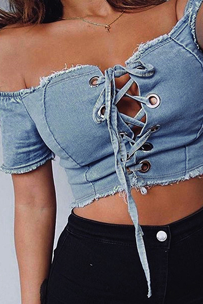 Sexy Dew Shoulder Lace-up Hollow-out Light Blule Denim Shirts