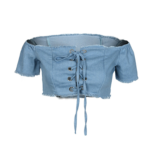 Sexy Dew Shoulder Lace-up Hollow-out Light Blule Denim Shirts