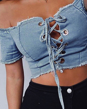Sexy Dew Shoulder Lace-up Hollow-out Light Blule Denim Shirts