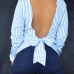 Sexy Round Neck Long Sleeves Striped Blue Cotton Shirts Sexy Round Neck Long Sleeves Striped Blue Cotton Shirts