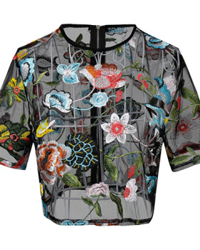 Sexy Round Neck Short Sleeves Printed See-Through Black Polyester Shirts(Without Lining)