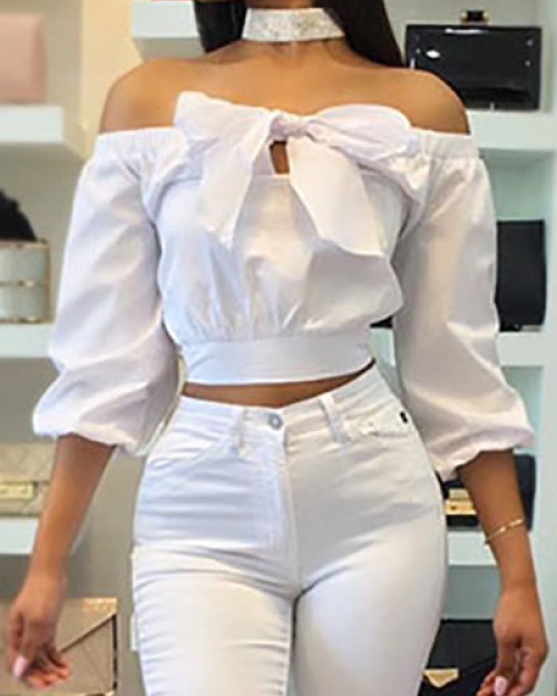 Stylish Bateau Neck Long Sleeves Bow-Tie Decorative White Cotton Shirts(Without Choker) Stylish Bateau Neck Long Sleeves Bow-Tie Decorative White Cotton Shirts(Without Choker)