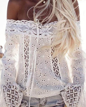 Stylish Bateau Neck Long Sleeves Hollow-out White Cotton Blends Shirts